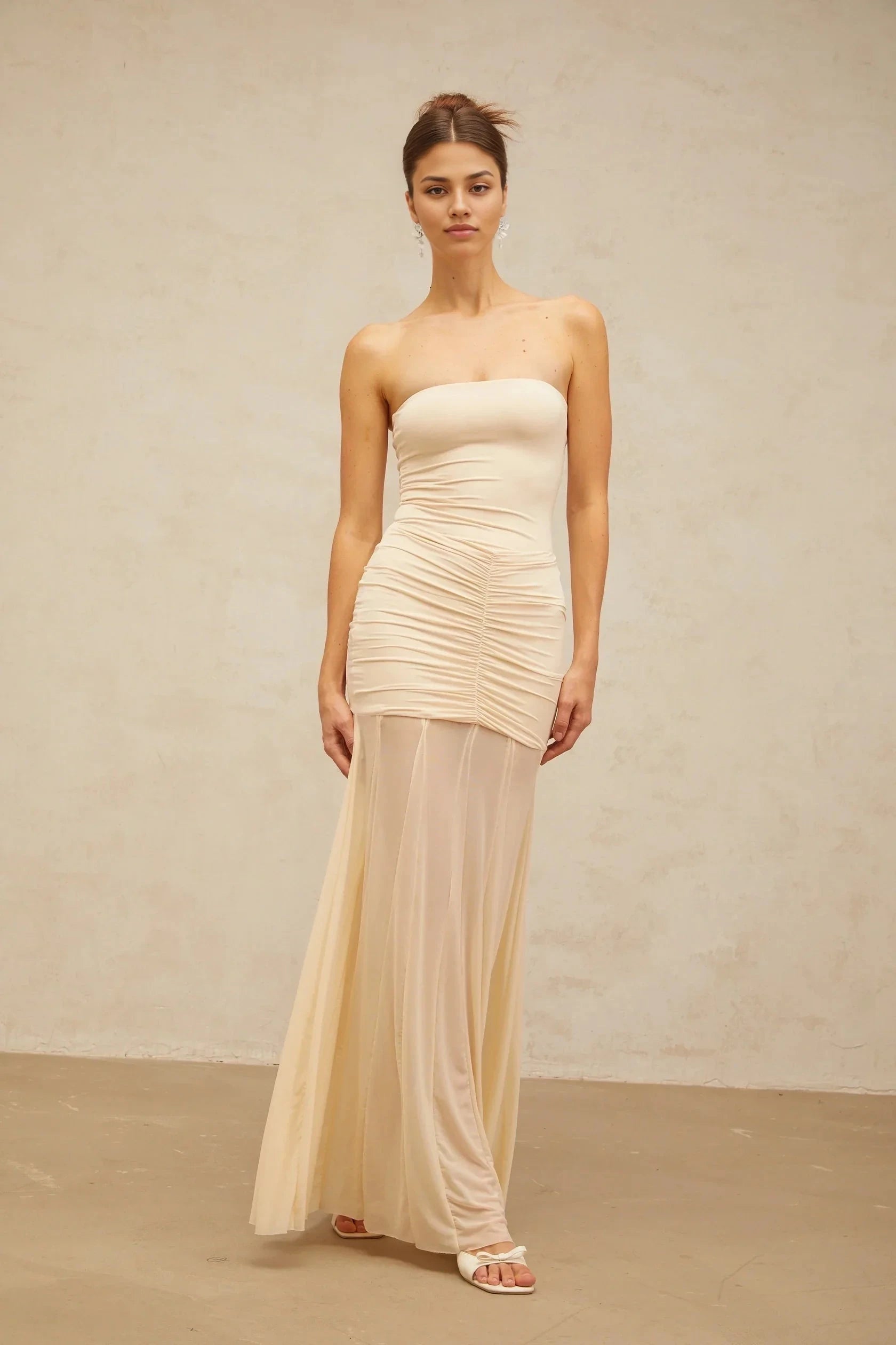 Cream Off - Shoulder Ruched Maxi Dress neutrals tulle-panel smocked maxi dress Evening Dress by YiHuiw