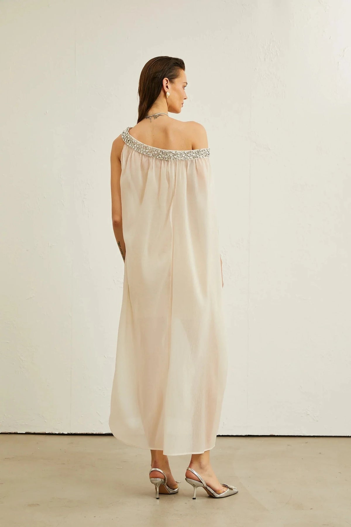 Cream One - Shoulder Maxi Dress with Crystal Embellishment Austen crystal-embellished semi-sheer midi dress Evening Dress by YiHuiw