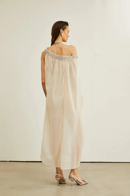 Cream One - Shoulder Maxi Dress with Crystal Embellishment Austen crystal-embellished semi-sheer midi dress Evening Dress by YiHuiw