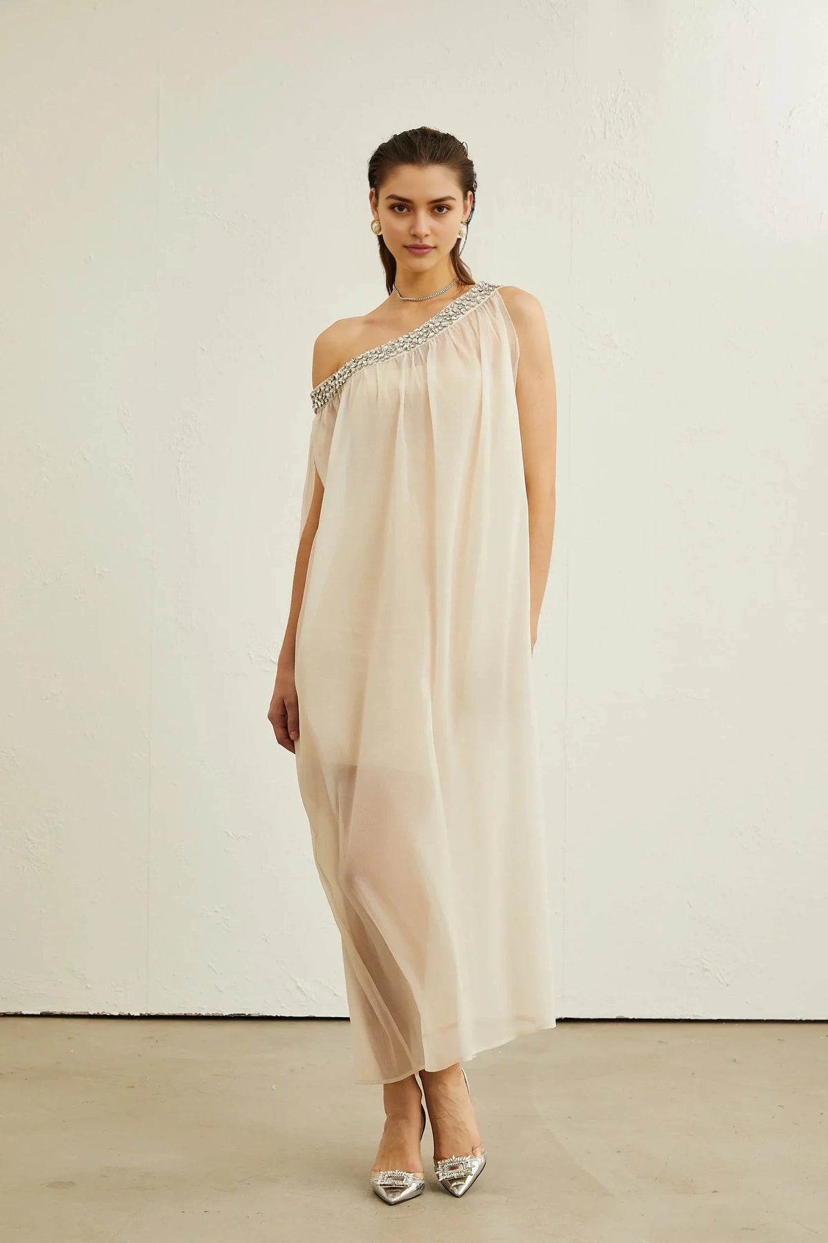 Cream One - Shoulder Maxi Dress with Crystal Embellishment Austen crystal-embellished semi-sheer midi dress Evening Dress by YiHuiw