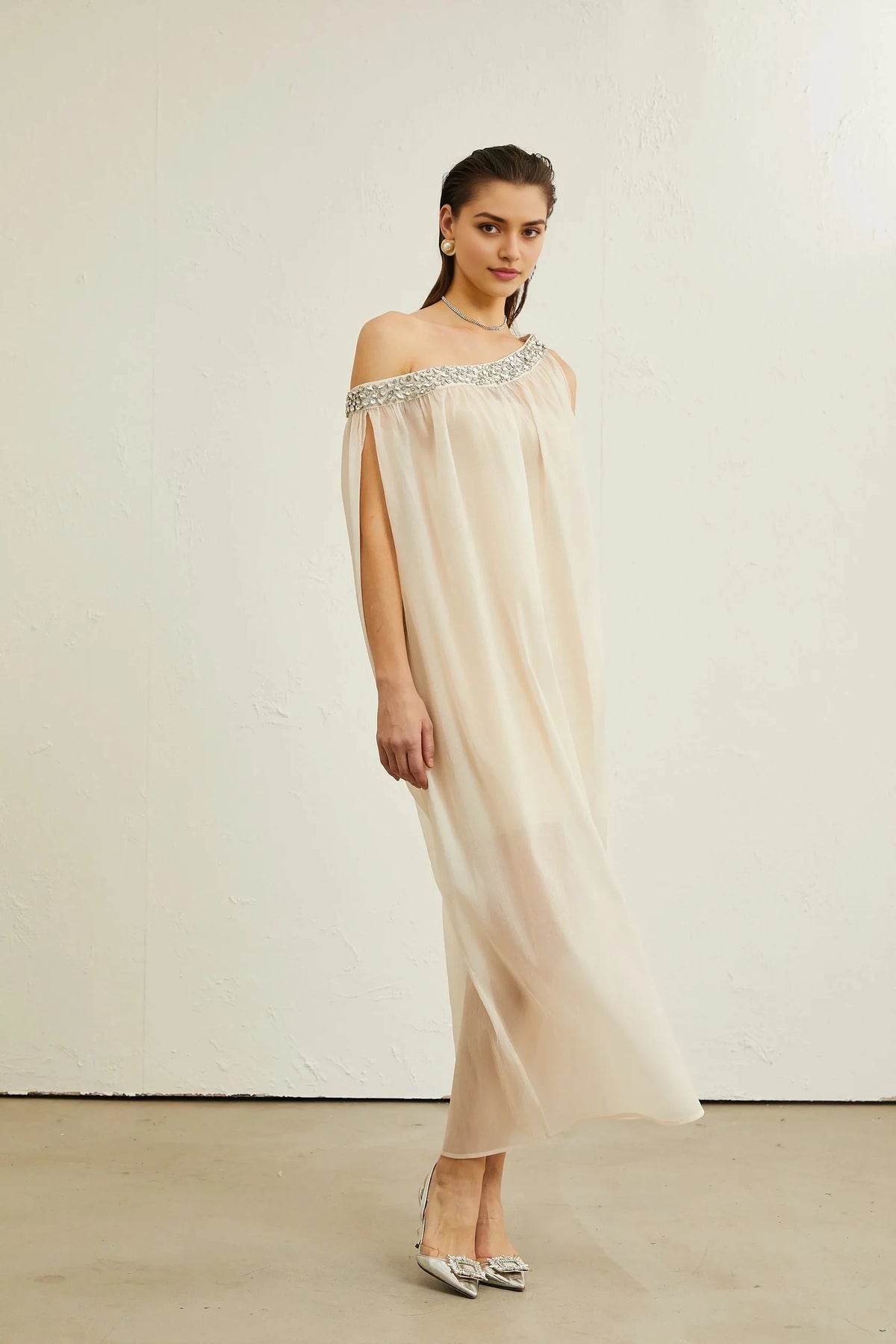 Cream One - Shoulder Maxi Dress with Crystal Embellishment Austen crystal-embellished semi-sheer midi dress Evening Dress by YiHuiw