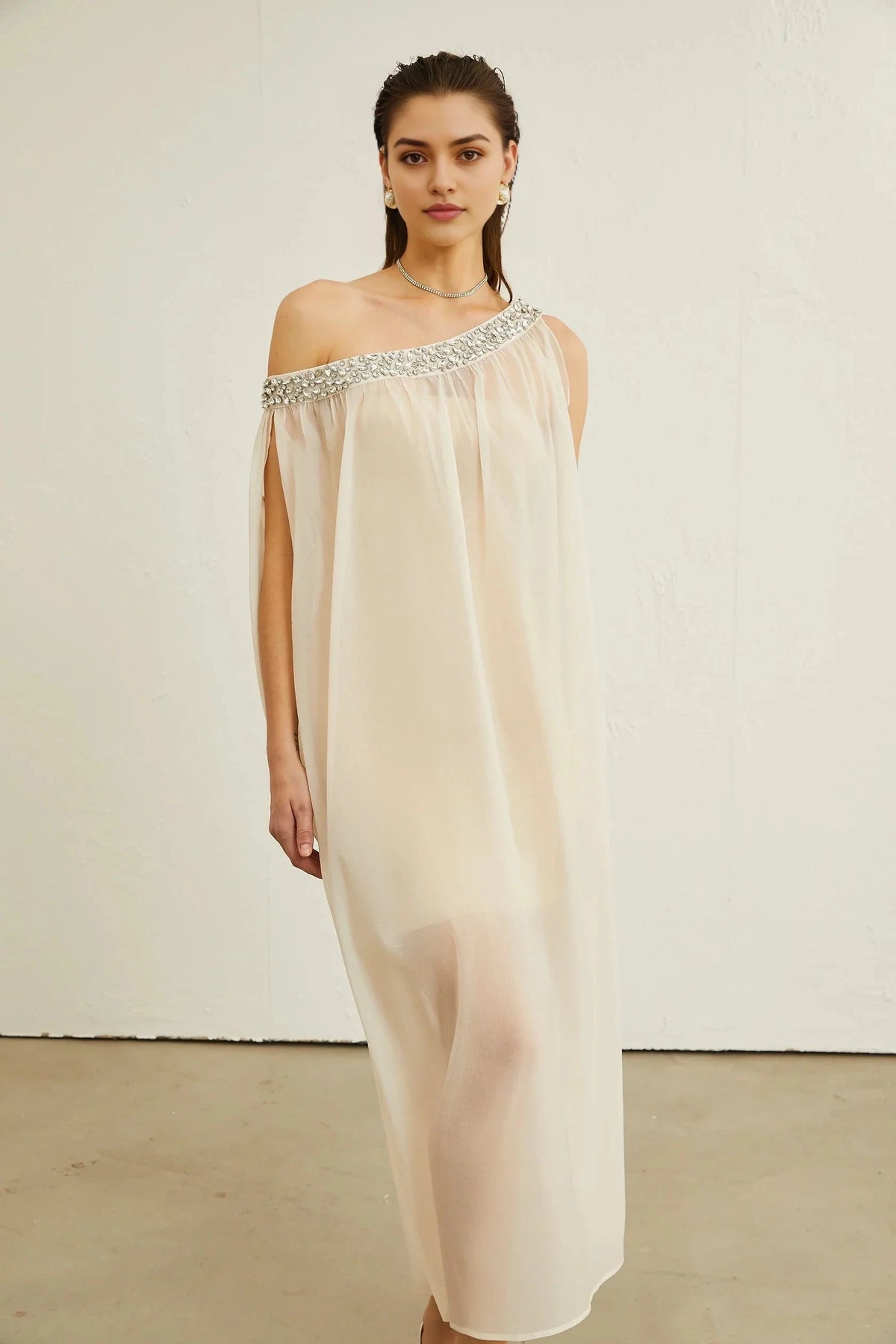 Cream One - Shoulder Maxi Dress with Crystal Embellishment Austen crystal-embellished semi-sheer midi dress Evening Dress by YiHuiw