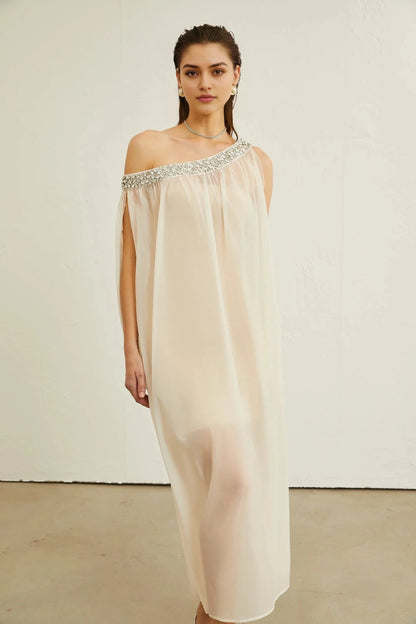 Cream One - Shoulder Maxi Dress with Crystal Embellishment Austen crystal-embellished semi-sheer midi dress Evening Dress by YiHuiw