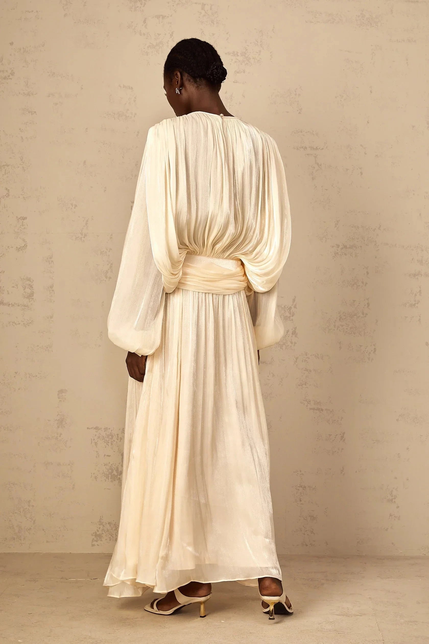 Cream Pleated Lantern Sleeve Maxi Dress Pleated Ruffle Maxi Dress in Neutral Evening Dress by YiHuiw
