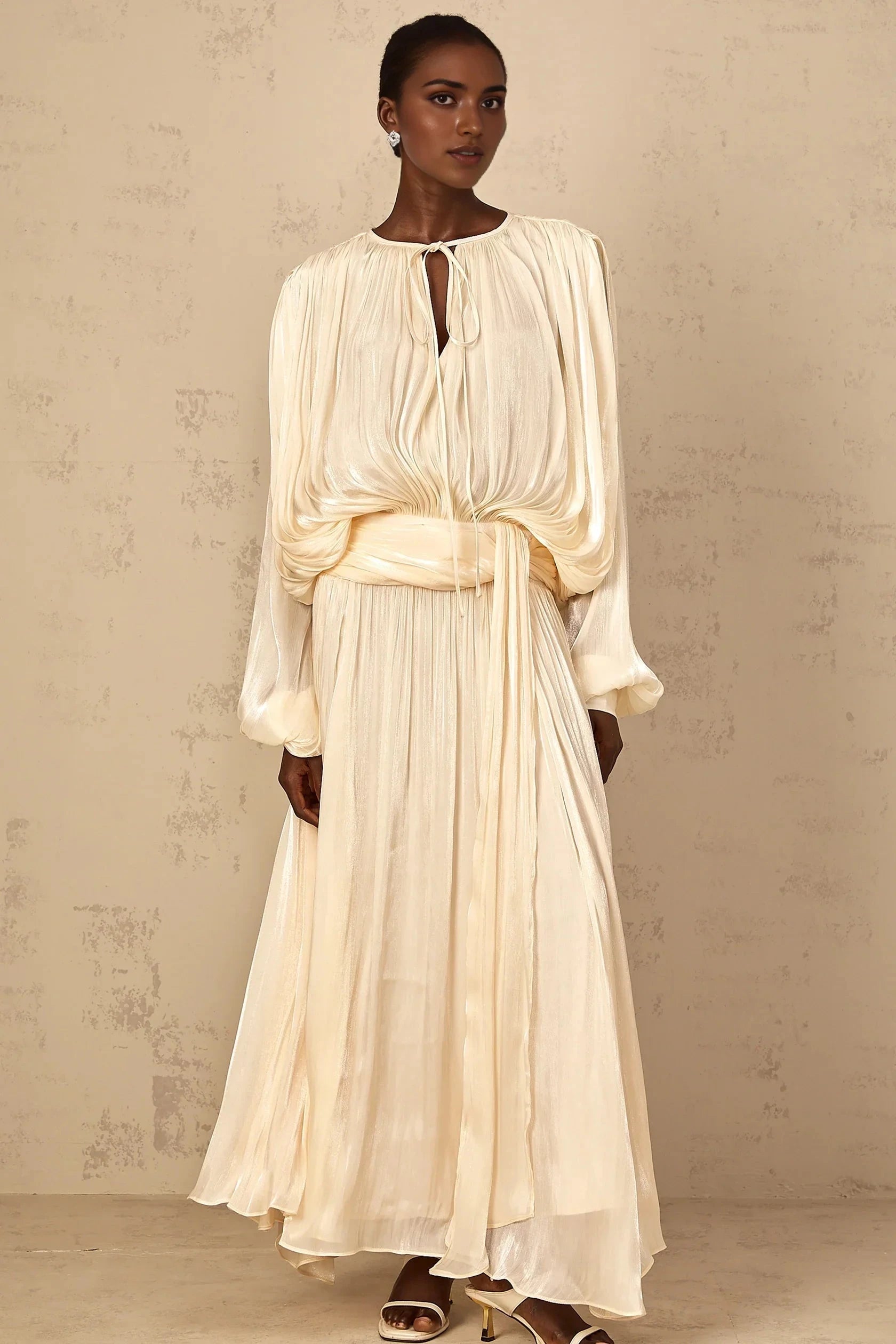 Cream Pleated Lantern Sleeve Maxi Dress Pleated Ruffle Maxi Dress in Neutral Evening Dress by YiHuiw