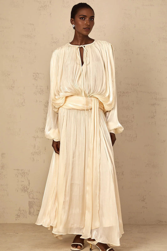 Cream Pleated Lantern Sleeve Maxi Dress Pleated Ruffle Maxi Dress in Neutral Evening Dress by YiHuiw