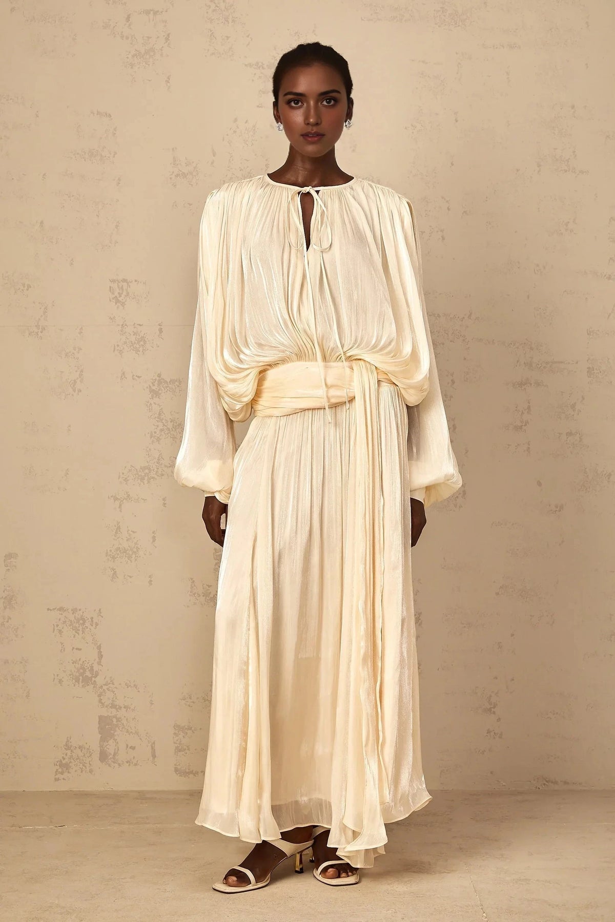 Cream Pleated Lantern Sleeve Maxi Dress Pleated Ruffle Maxi Dress in Neutral Evening Dress by YiHuiw
