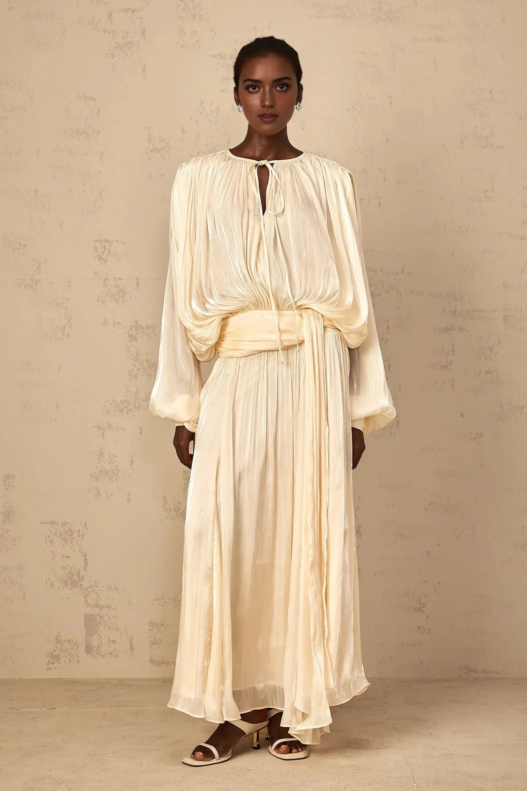 Cream Pleated Lantern Sleeve Maxi Dress Pleated Ruffle Maxi Dress in Neutral Evening Dress by YiHuiw