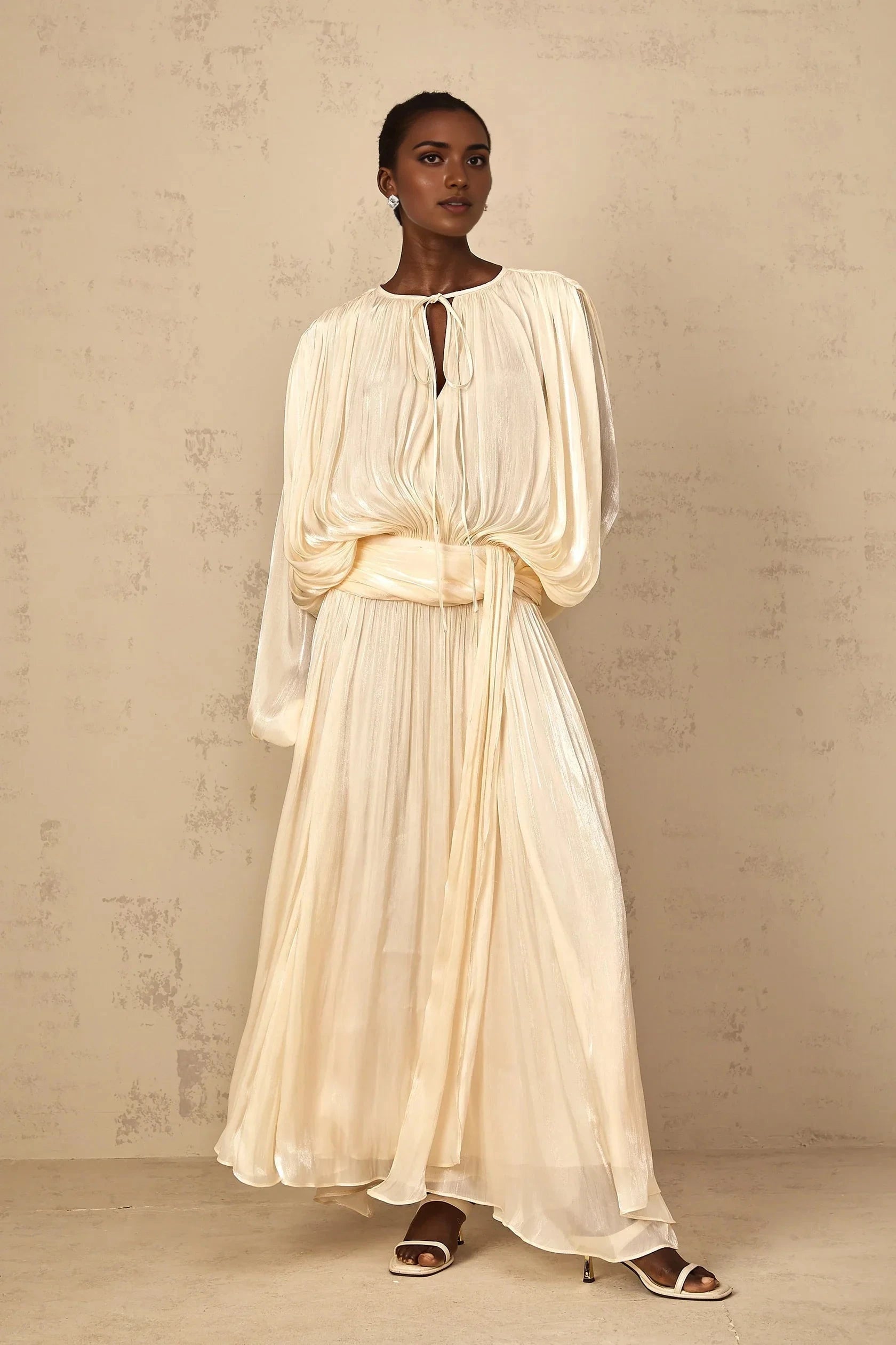 Cream Pleated Lantern Sleeve Maxi Dress Pleated Ruffle Maxi Dress in Neutral Evening Dress by YiHuiw