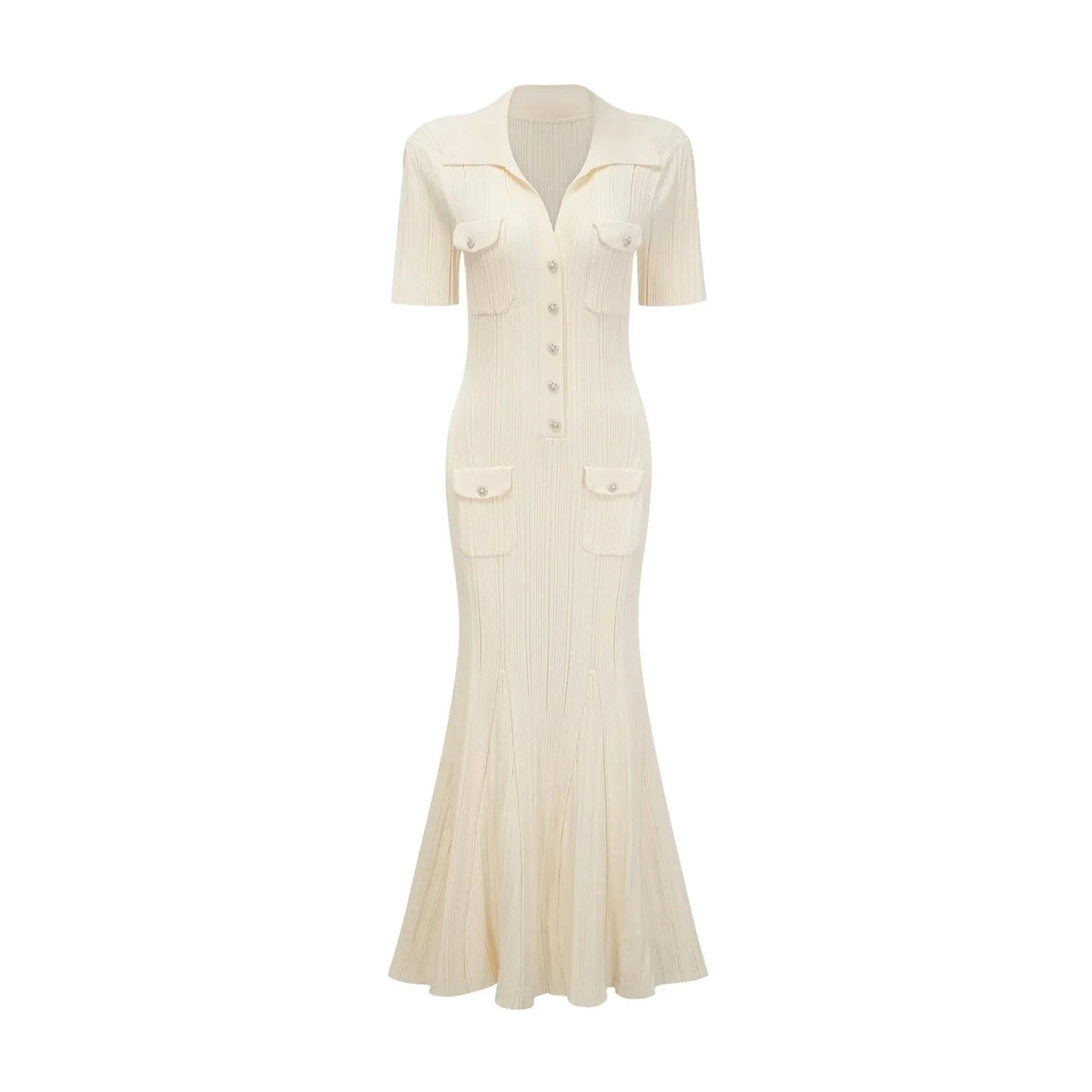 Cream Ribbed Knit Maxi Dress with Collar and Jewel Buttons Nouria neutrals ribbed-knit midi dress Evening Dress by YiHuiw