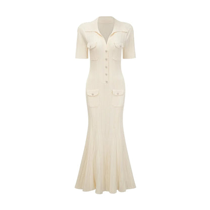 Cream Ribbed Knit Maxi Dress with Collar and Jewel Buttons Nouria neutrals ribbed-knit midi dress Evening Dress by YiHuiw