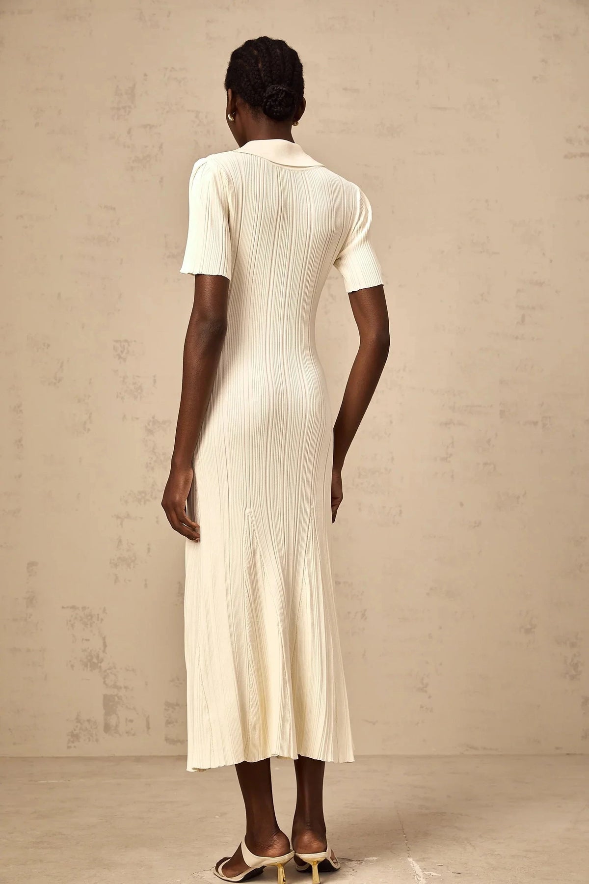 Cream Ribbed Knit Maxi Dress with Collar and Jewel Buttons Nouria neutrals ribbed-knit midi dress Evening Dress by YiHuiw