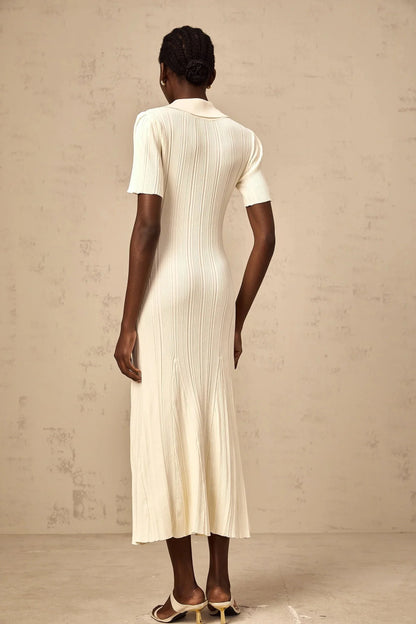 Cream Ribbed Knit Maxi Dress with Collar and Jewel Buttons Nouria neutrals ribbed-knit midi dress Evening Dress by YiHuiw