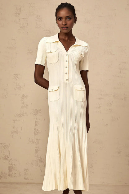 Cream Ribbed Knit Maxi Dress with Collar and Jewel Buttons Nouria neutrals ribbed-knit midi dress Evening Dress by YiHuiw