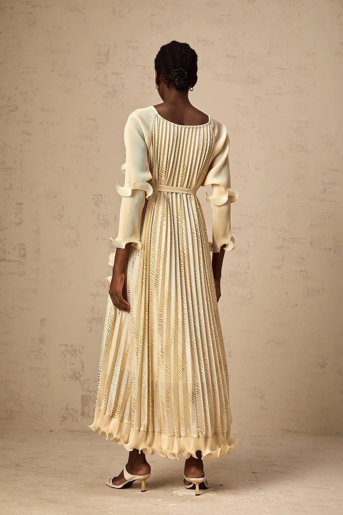 Cream Ruffled Maxi Dress with Metallic Pleats Ellie neutrals gilded ruffled midi dress Evening Dress by YiHuiw