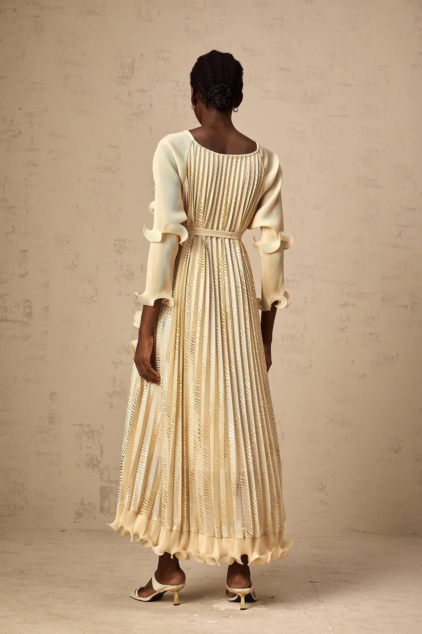 Cream Ruffled Maxi Dress with Metallic Pleats Ellie neutrals gilded ruffled midi dress Evening Dress by YiHuiw