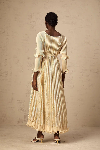 Cream Ruffled Maxi Dress with Metallic Pleats Ellie neutrals gilded ruffled midi dress Evening Dress by YiHuiw
