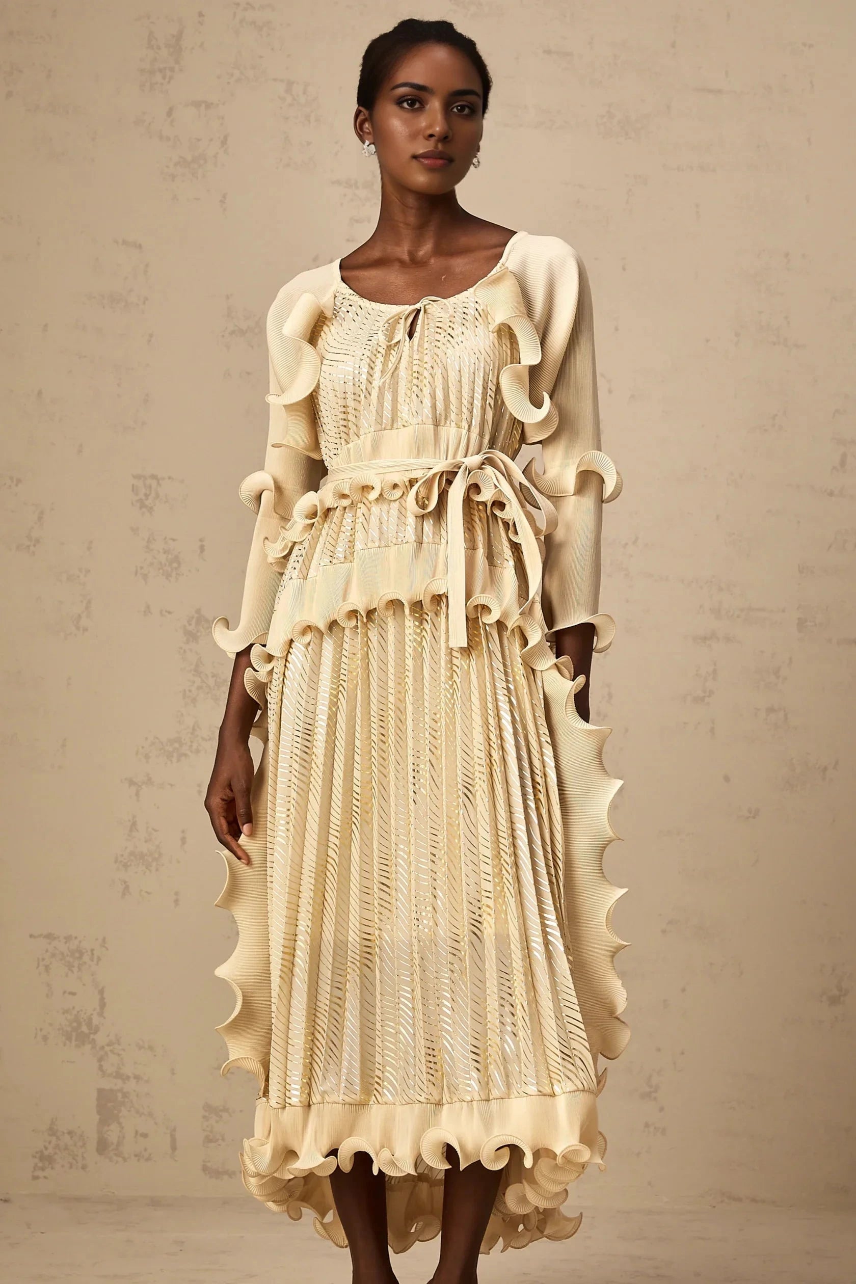 Cream Ruffled Maxi Dress with Metallic Pleats Ellie neutrals gilded ruffled midi dress Evening Dress by YiHuiw