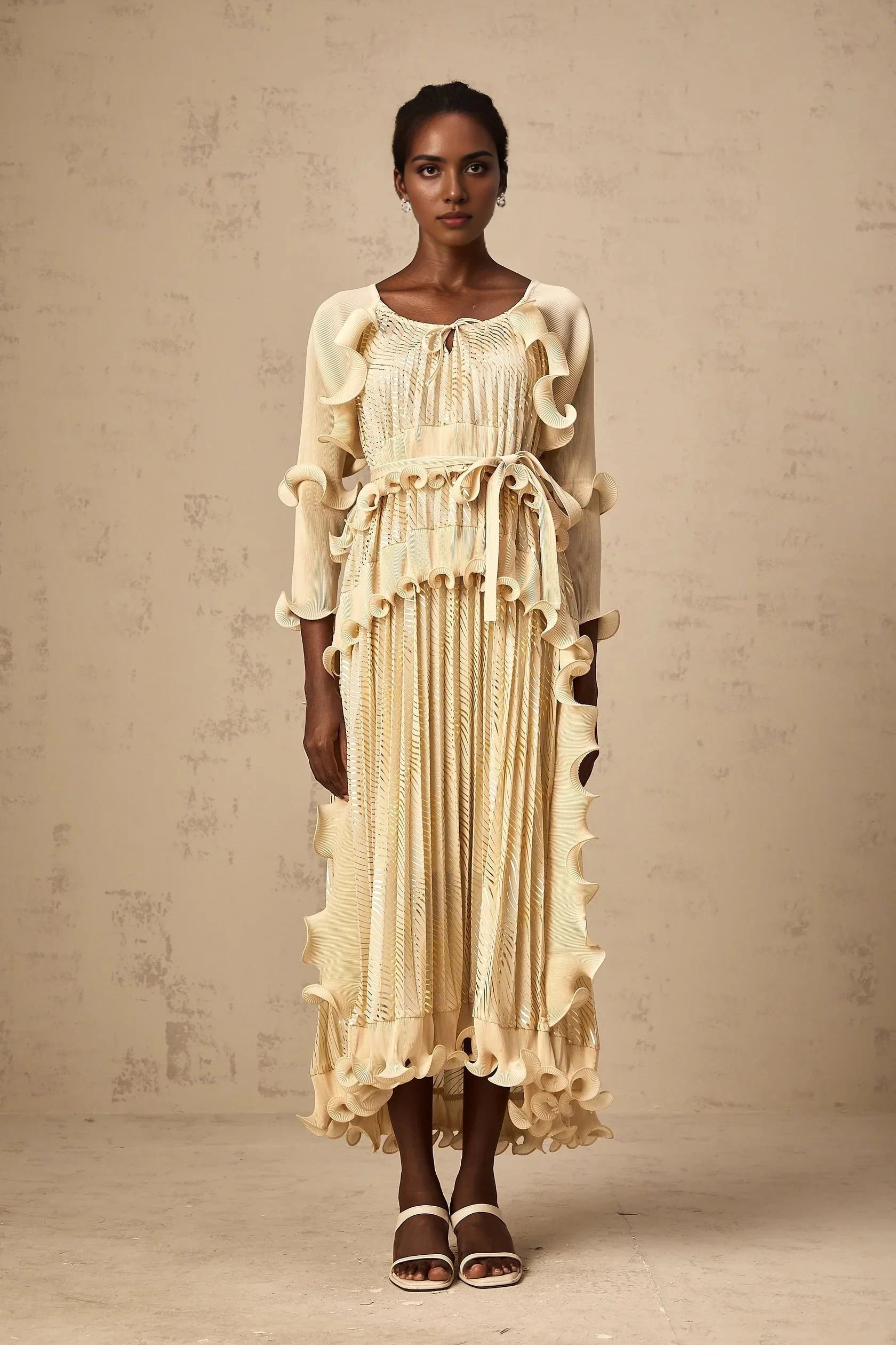 Cream Ruffled Maxi Dress with Metallic Pleats Ellie neutrals gilded ruffled midi dress Evening Dress by YiHuiw