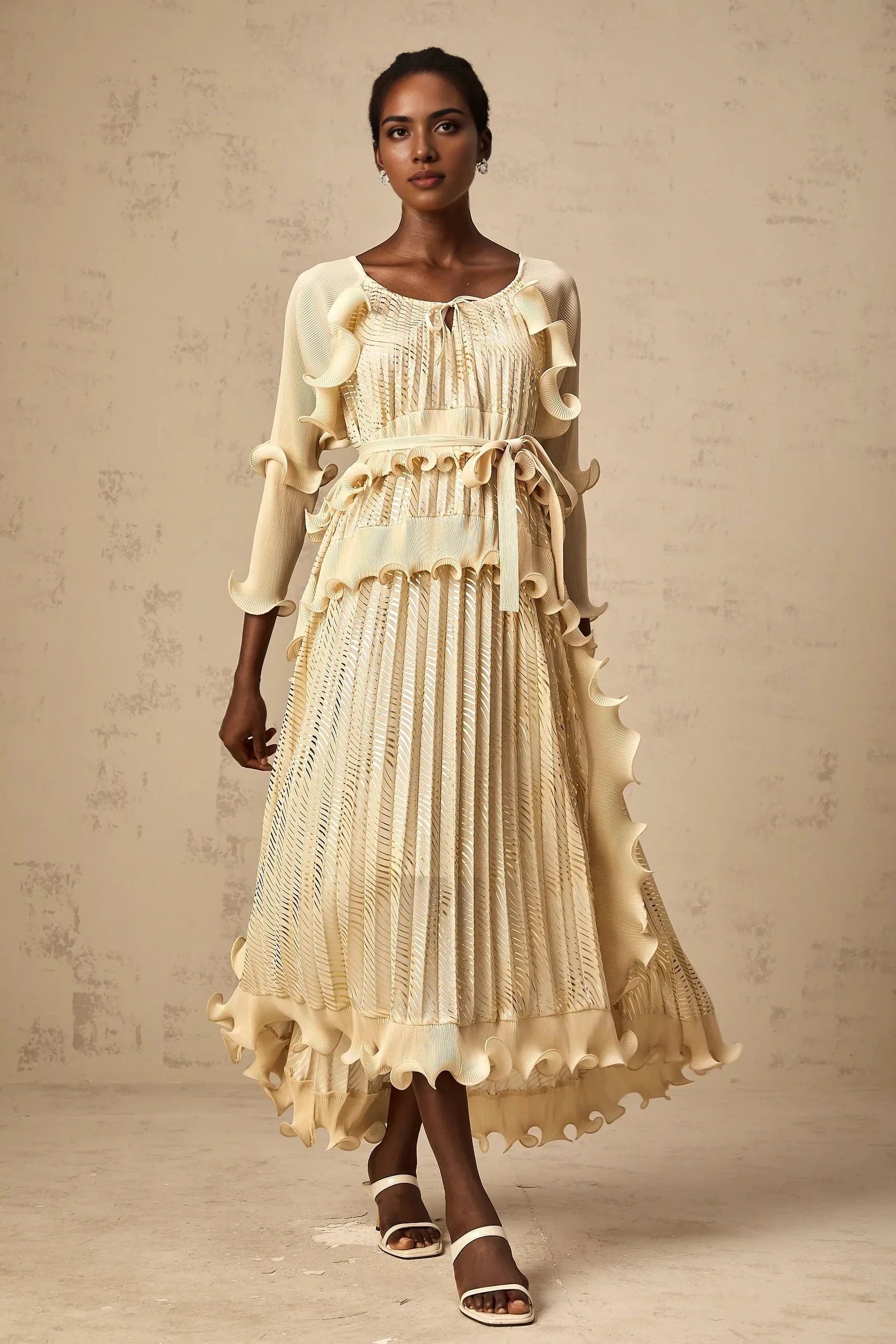Cream Ruffled Maxi Dress with Metallic Pleats Ellie neutrals gilded ruffled midi dress Evening Dress by YiHuiw