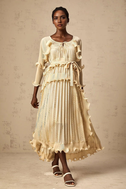 Cream Ruffled Maxi Dress with Metallic Pleats Ellie neutrals gilded ruffled midi dress Evening Dress by YiHuiw