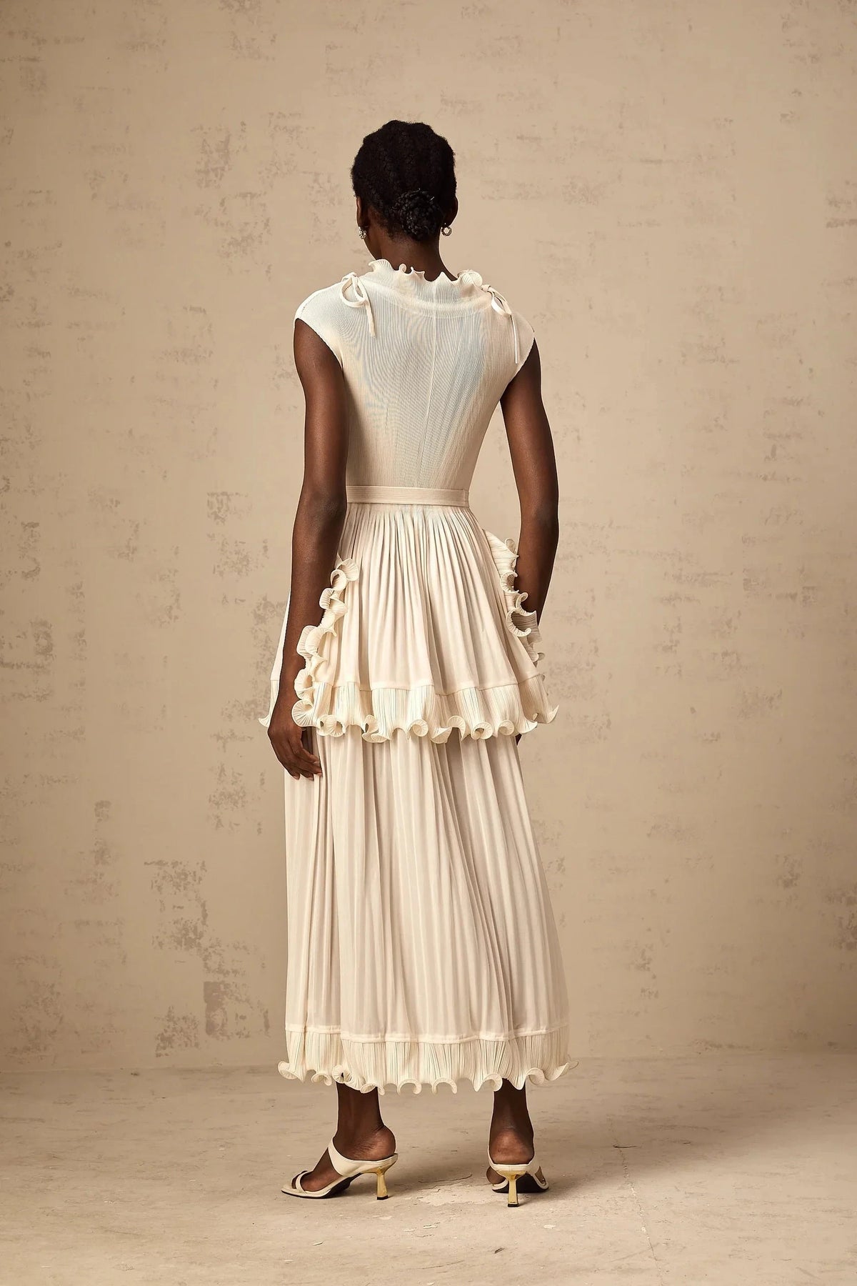 Cream Ruffled Pleated Midi Dress with Tie Belt Diana white ruffle pleated sleeveless maxi dress Evening Dress by YiHuiw