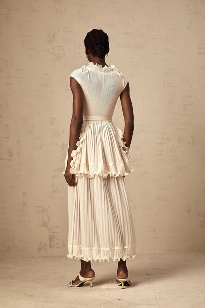 Cream Ruffled Pleated Midi Dress with Tie Belt Diana white ruffle pleated sleeveless maxi dress Evening Dress by YiHuiw