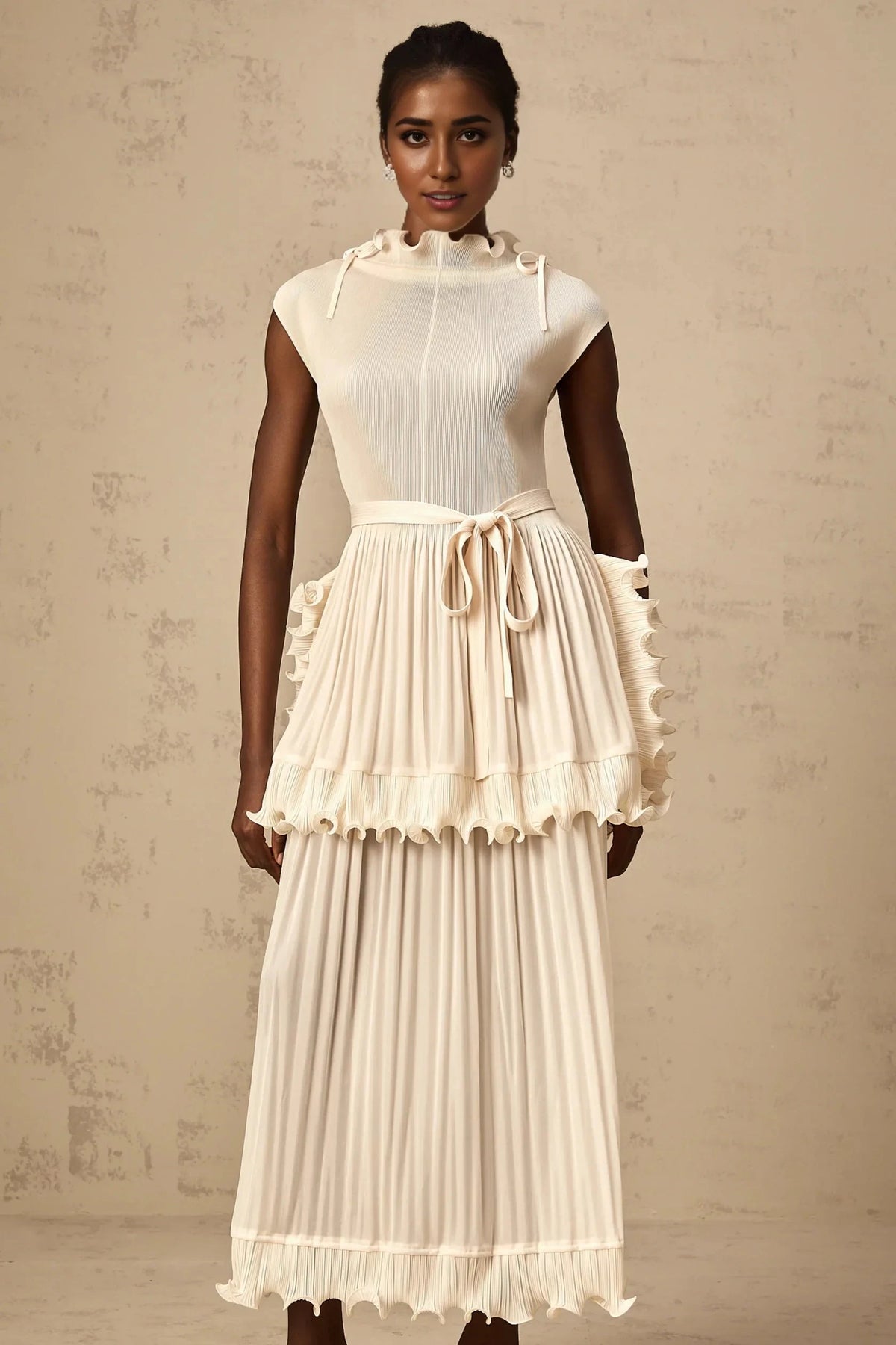 Cream Ruffled Pleated Midi Dress with Tie Belt Diana white ruffle pleated sleeveless maxi dress Evening Dress by YiHuiw