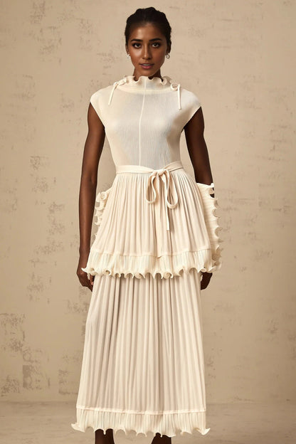 Cream Ruffled Pleated Midi Dress with Tie Belt Diana white ruffle pleated sleeveless maxi dress Evening Dress by YiHuiw