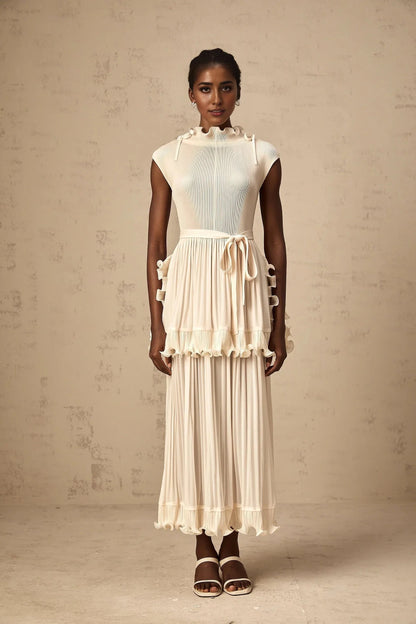 Cream Ruffled Pleated Midi Dress with Tie Belt Diana white ruffle pleated sleeveless maxi dress Evening Dress by YiHuiw