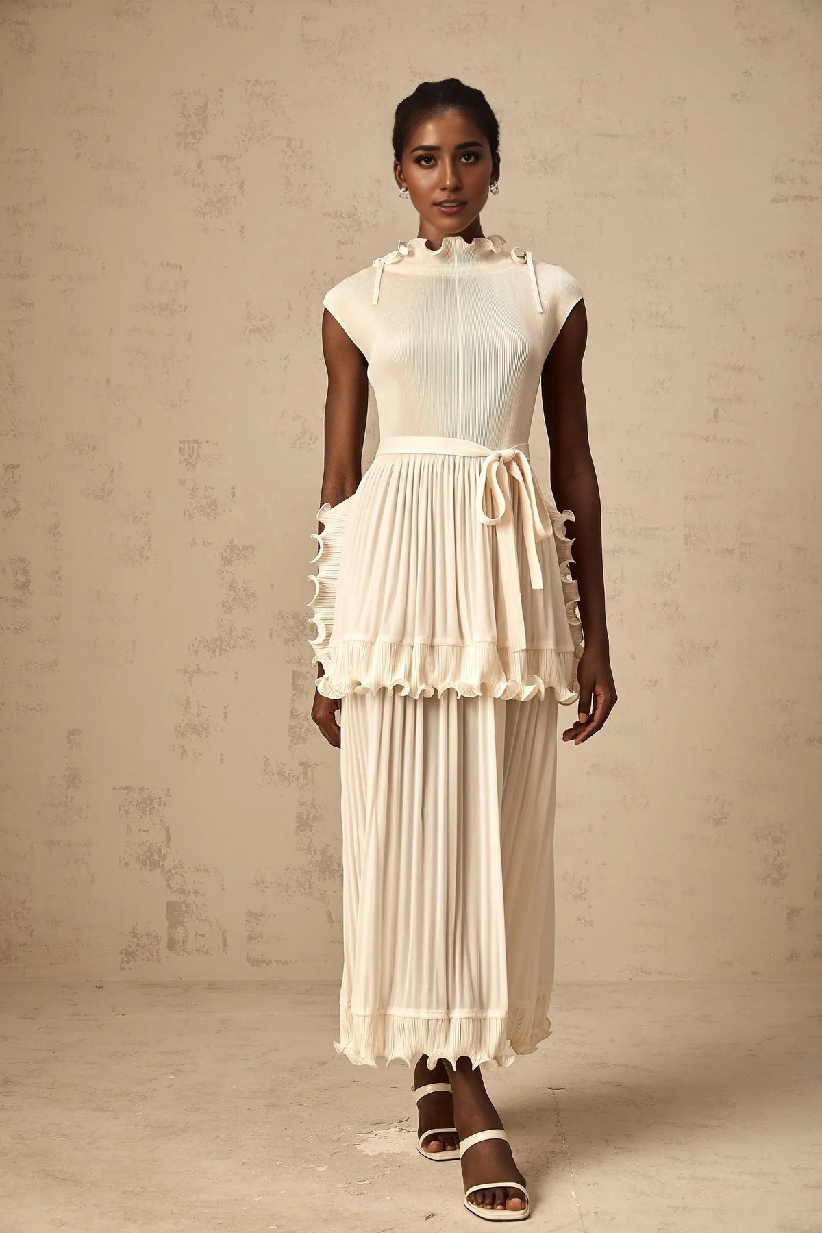 Cream Ruffled Pleated Midi Dress with Tie Belt Diana white ruffle pleated sleeveless maxi dress Evening Dress by YiHuiw