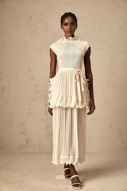 Cream Ruffled Pleated Midi Dress with Tie Belt Diana white ruffle pleated sleeveless maxi dress Evening Dress by YiHuiw