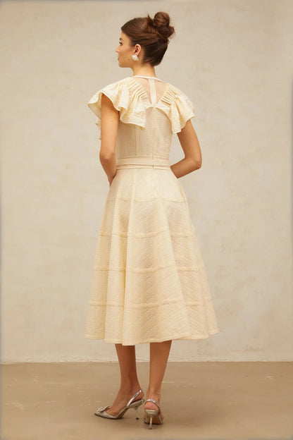 Cream Ruffled Sleeve Midi Dress with Eyelet Detailing neutrals belted pointelle-trim ruffled midi dress Evening Dress by YiHuiw