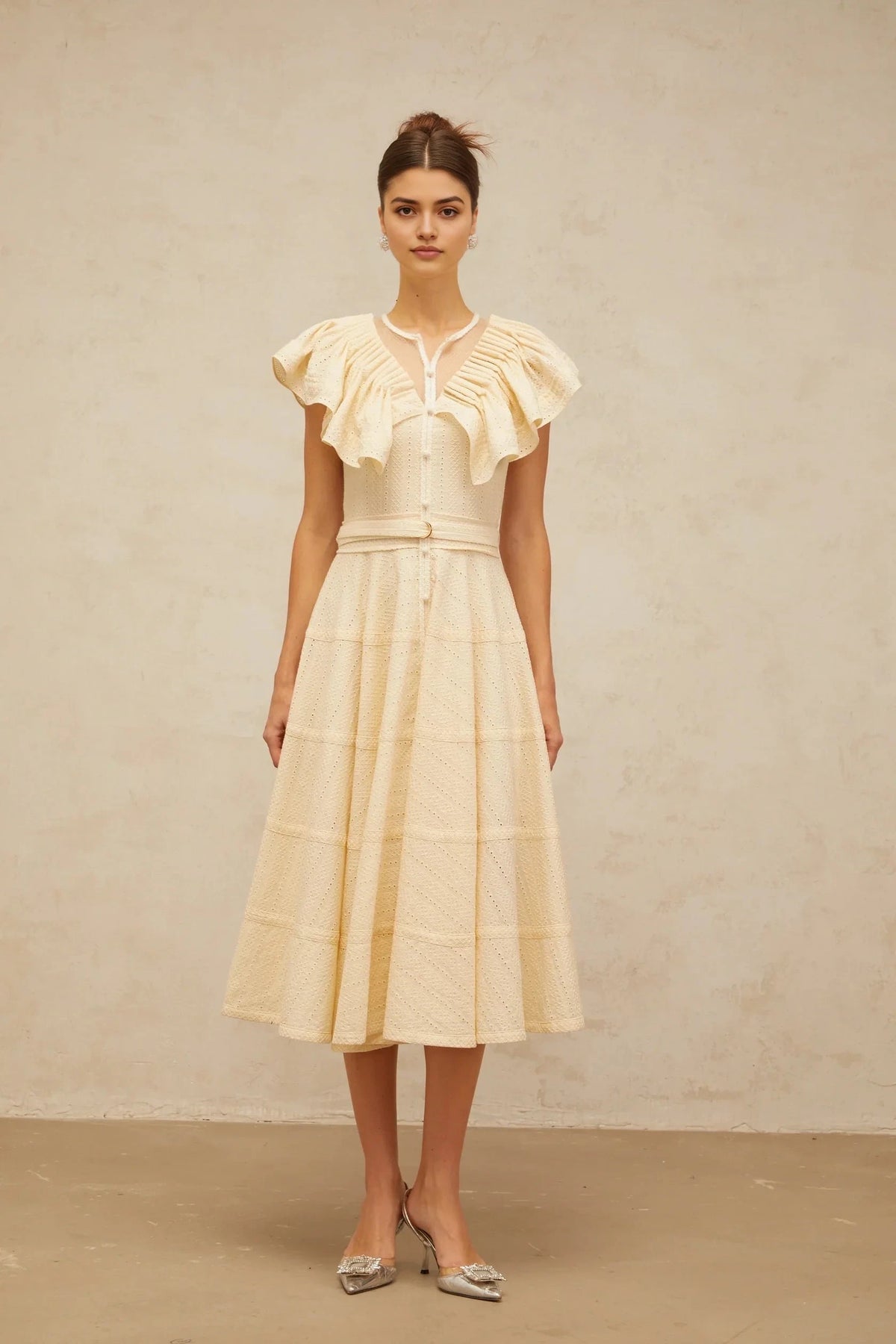 Cream Ruffled Sleeve Midi Dress with Eyelet Detailing neutrals belted pointelle-trim ruffled midi dress Evening Dress by YiHuiw