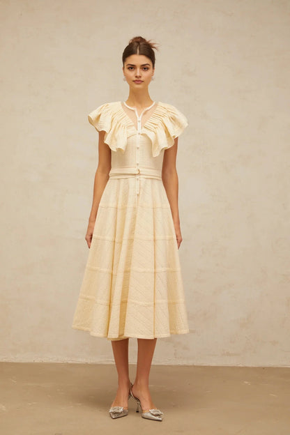 Cream Ruffled Sleeve Midi Dress with Eyelet Detailing neutrals belted pointelle-trim ruffled midi dress Evening Dress by YiHuiw