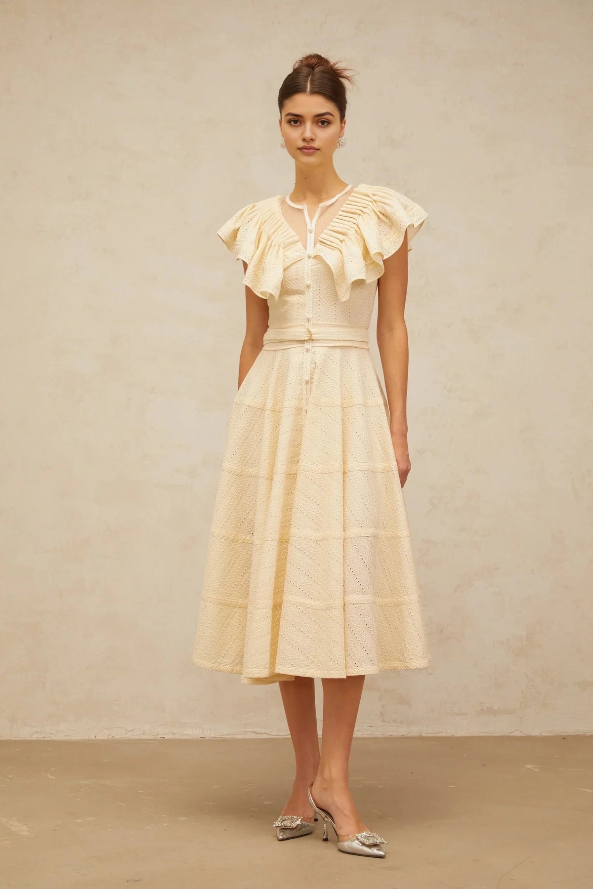 Cream Ruffled Sleeve Midi Dress with Eyelet Detailing neutrals belted pointelle-trim ruffled midi dress Evening Dress by YiHuiw