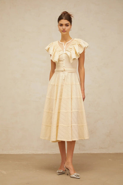 Cream Ruffled Sleeve Midi Dress with Eyelet Detailing neutrals belted pointelle-trim ruffled midi dress Evening Dress by YiHuiw