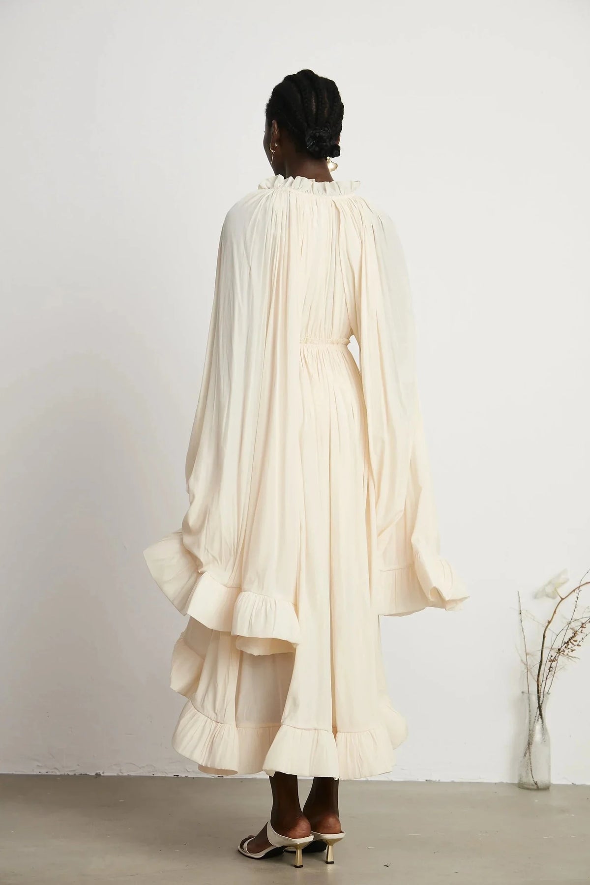 Cream Ruffled Tie - Neck Balloon Sleeve Maxi Dress Charlene cape-design midi dress Evening Dress by YiHuiw