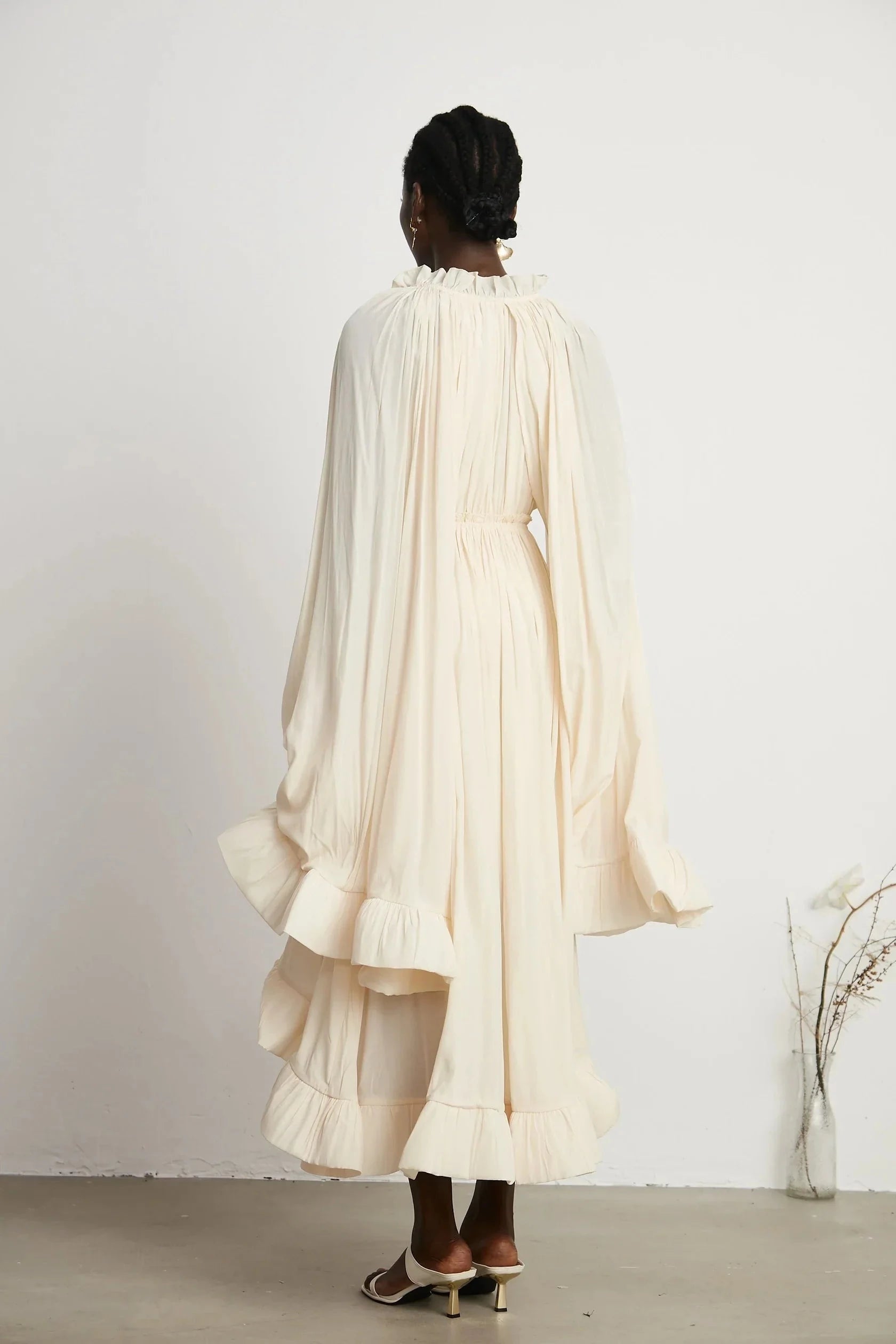 Cream Ruffled Tie - Neck Balloon Sleeve Maxi Dress Charlene cape-design midi dress Evening Dress by YiHuiw