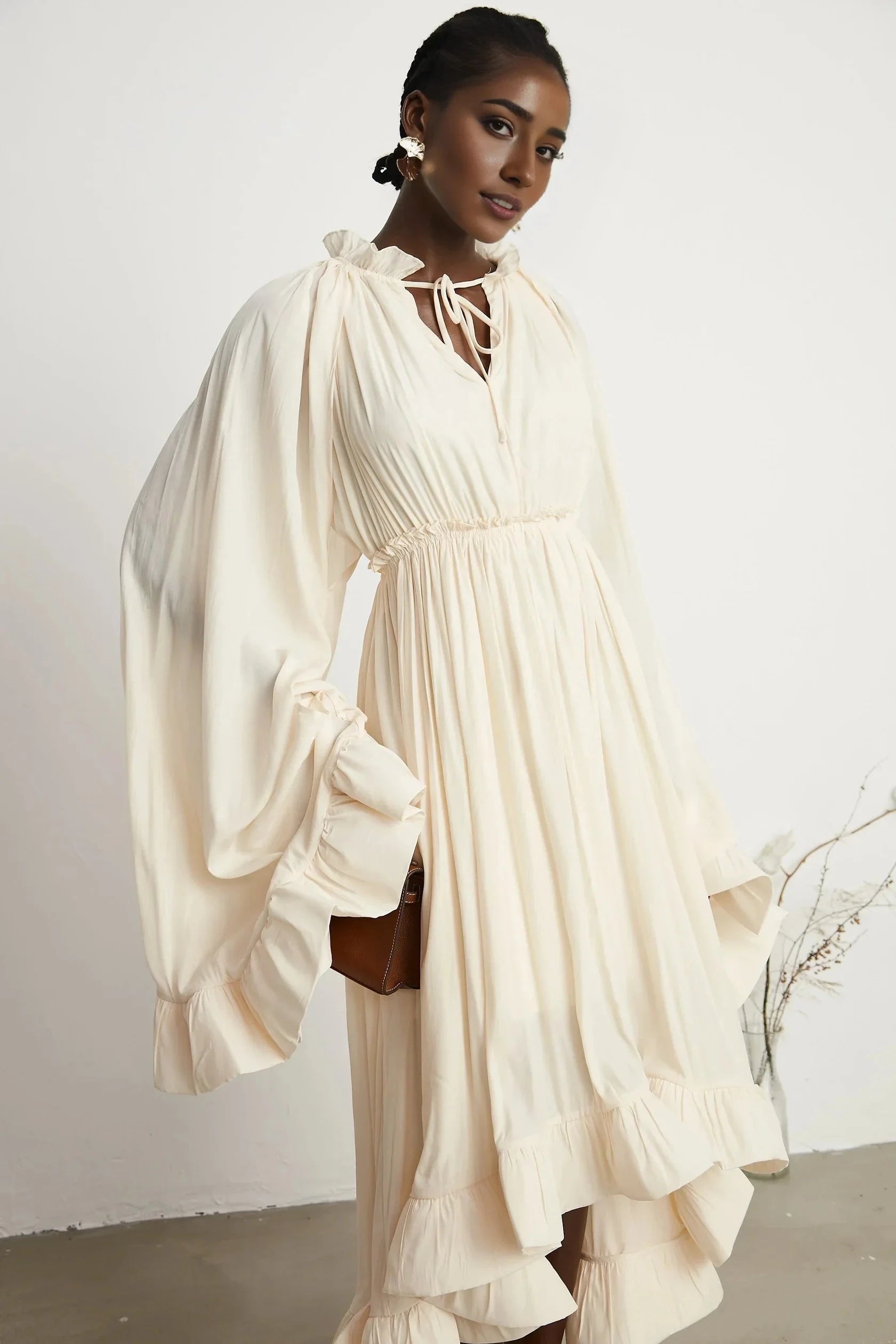 Cream Ruffled Tie - Neck Balloon Sleeve Maxi Dress Charlene cape-design midi dress Evening Dress by YiHuiw
