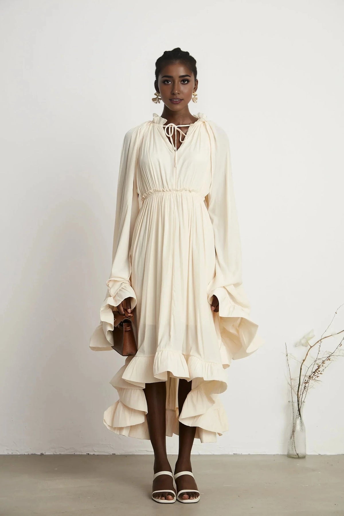 Cream Ruffled Tie - Neck Balloon Sleeve Maxi Dress Charlene cape-design midi dress Evening Dress by YiHuiw
