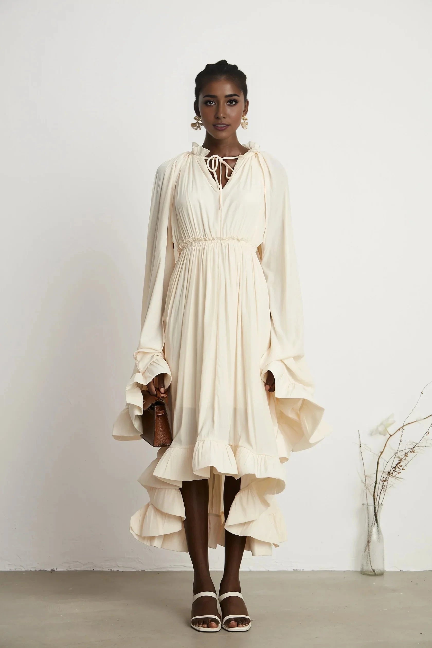 Cream Ruffled Tie - Neck Balloon Sleeve Maxi Dress Charlene cape-design midi dress Evening Dress by YiHuiw