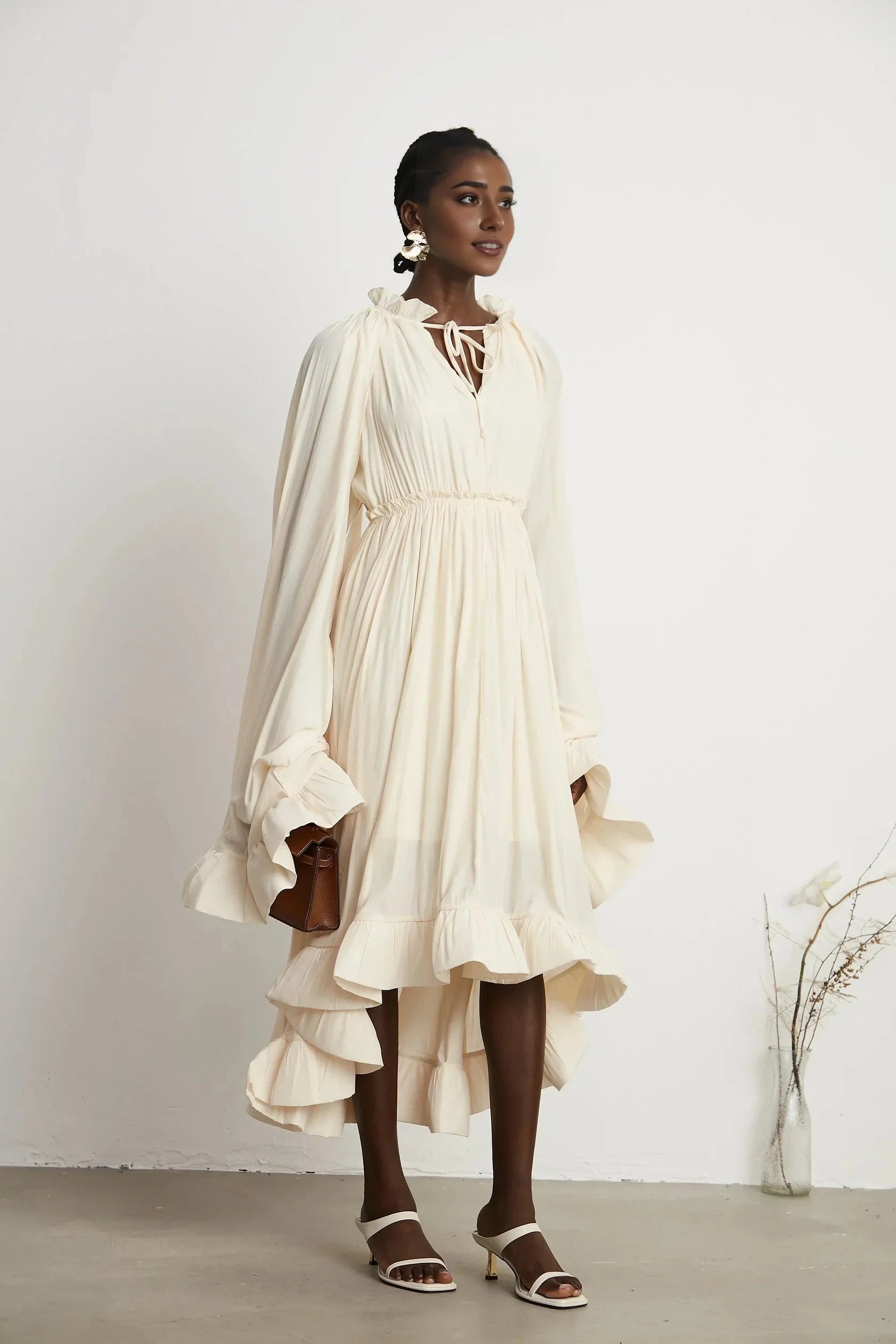 Cream Ruffled Tie - Neck Balloon Sleeve Maxi Dress Charlene cape-design midi dress Evening Dress by YiHuiw