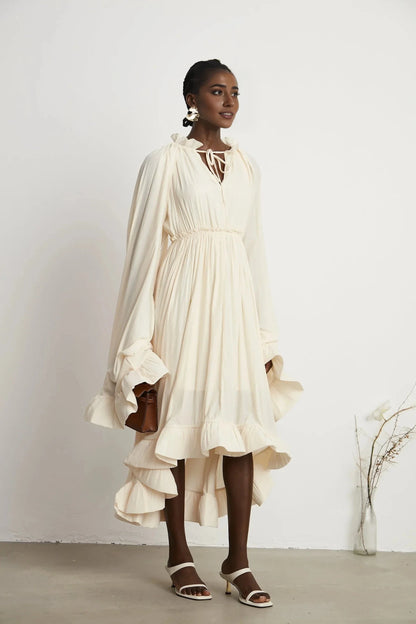Cream Ruffled Tie - Neck Balloon Sleeve Maxi Dress Charlene cape-design midi dress Evening Dress by YiHuiw
