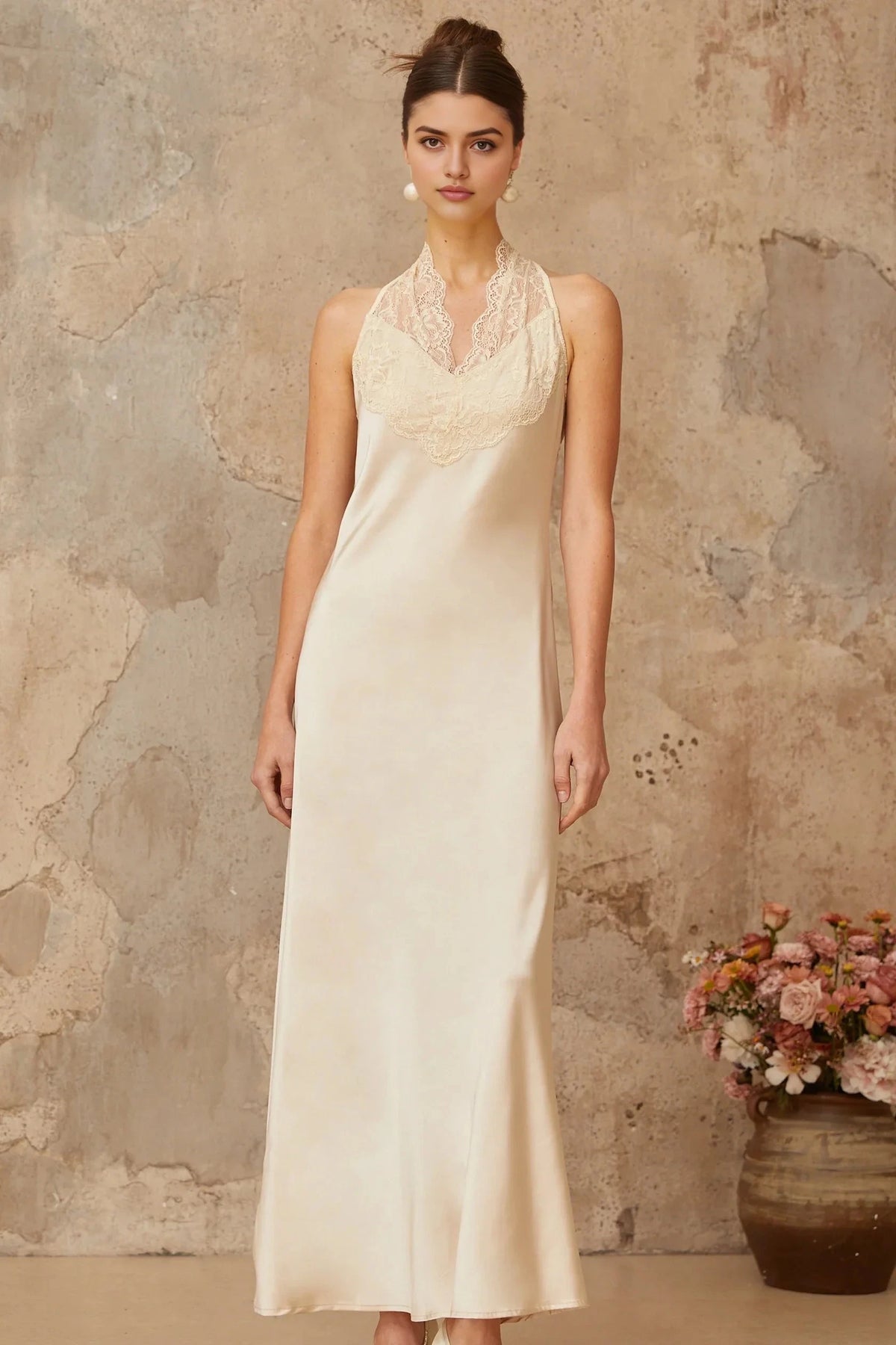 Cream Satin Halter Maxi Dress with Lace Detail Vera White Lace Trim Satin Maxi Dress Evening Dress by YiHuiw