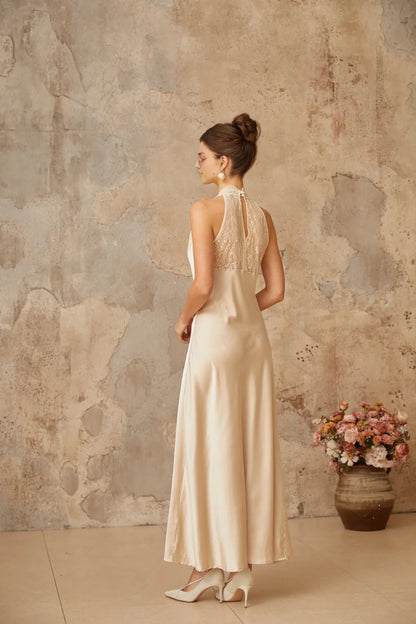 Cream Satin Halter Maxi Dress with Lace Detail Vera White Lace Trim Satin Maxi Dress Evening Dress by YiHuiw