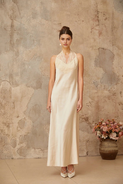 Cream Satin Halter Maxi Dress with Lace Detail Vera White Lace Trim Satin Maxi Dress Evening Dress by YiHuiw