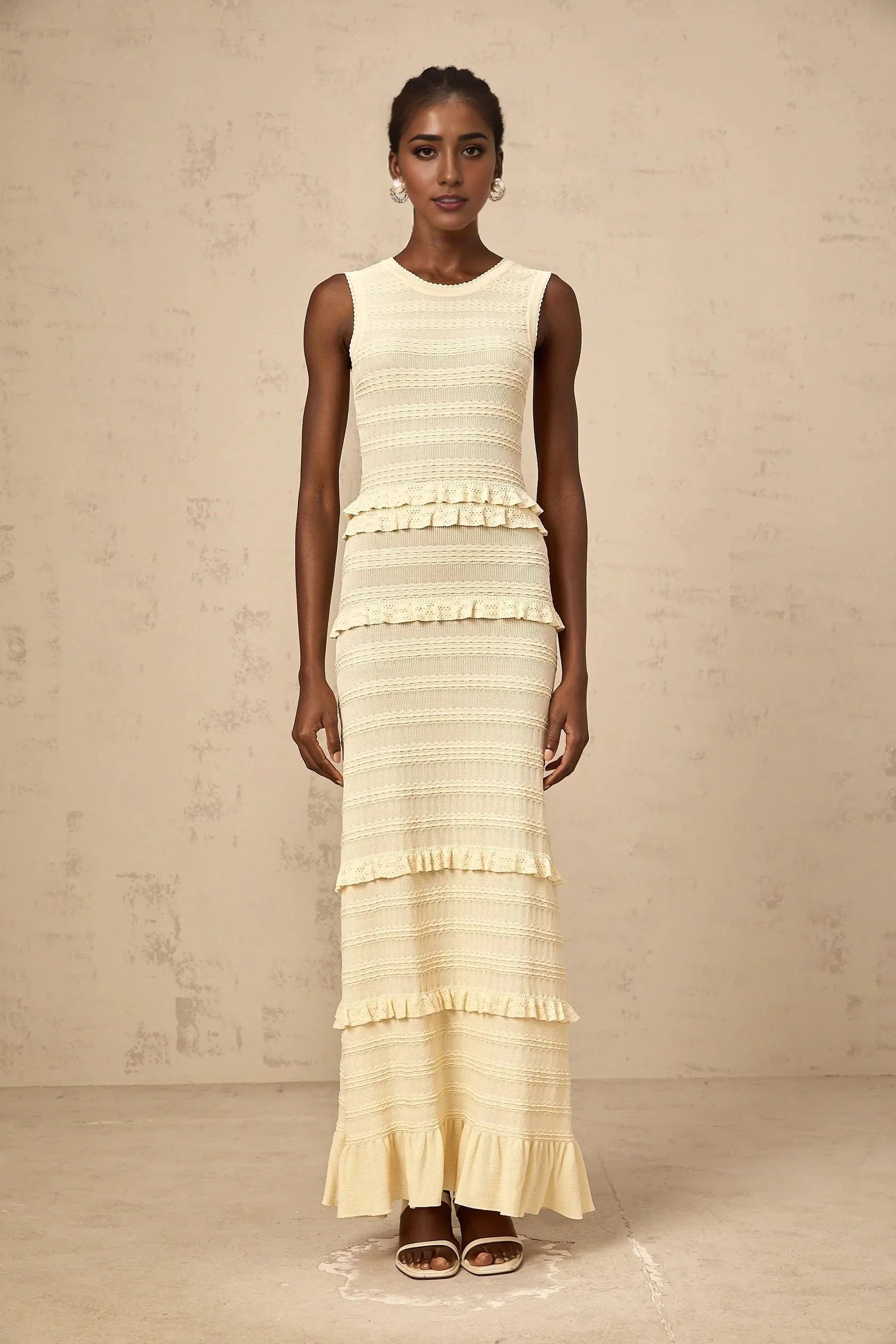 Cream Sleeveless Ruffled Tiered Maxi Dress beige ruffled sleeveless knit maxi dress Evening Dress by YiHuiw