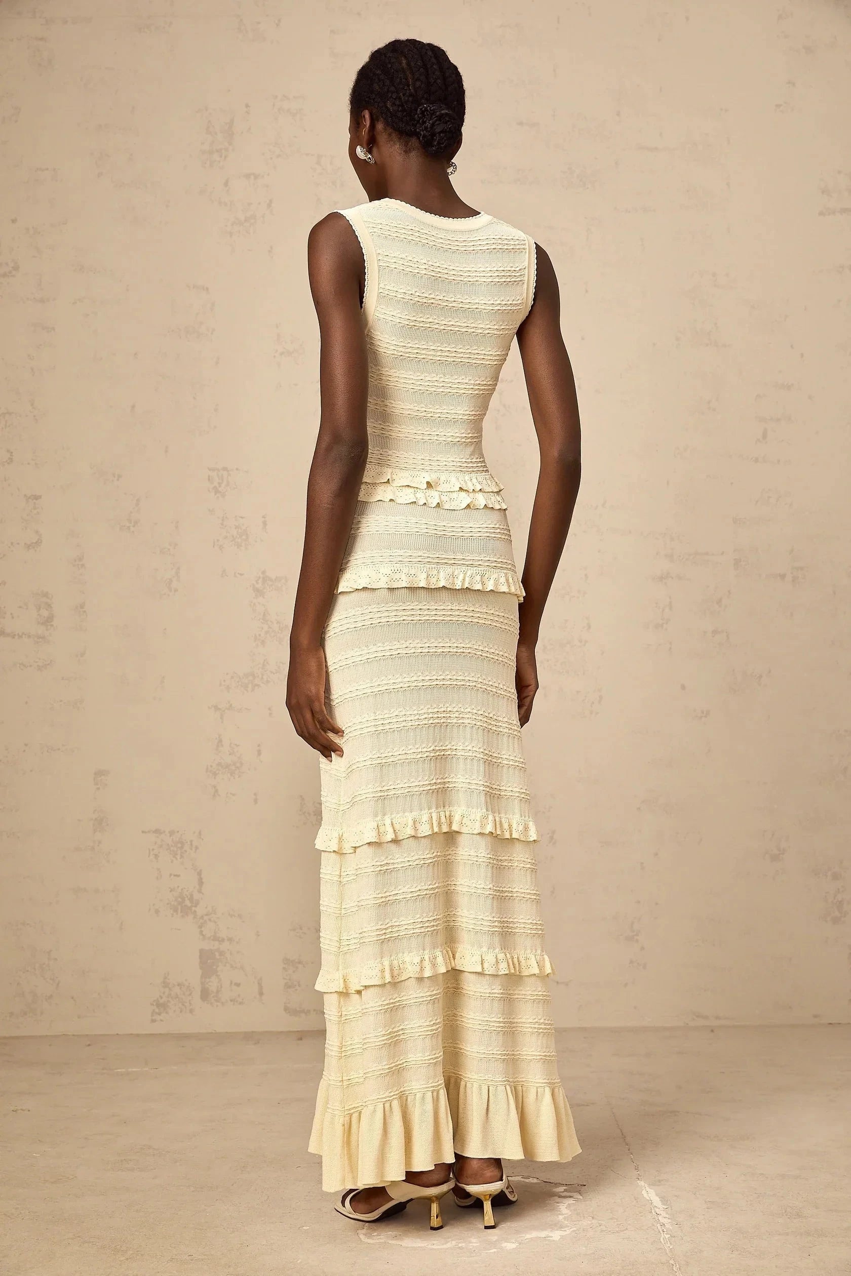 Cream Sleeveless Ruffled Tiered Maxi Dress beige ruffled sleeveless knit maxi dress Evening Dress by YiHuiw
