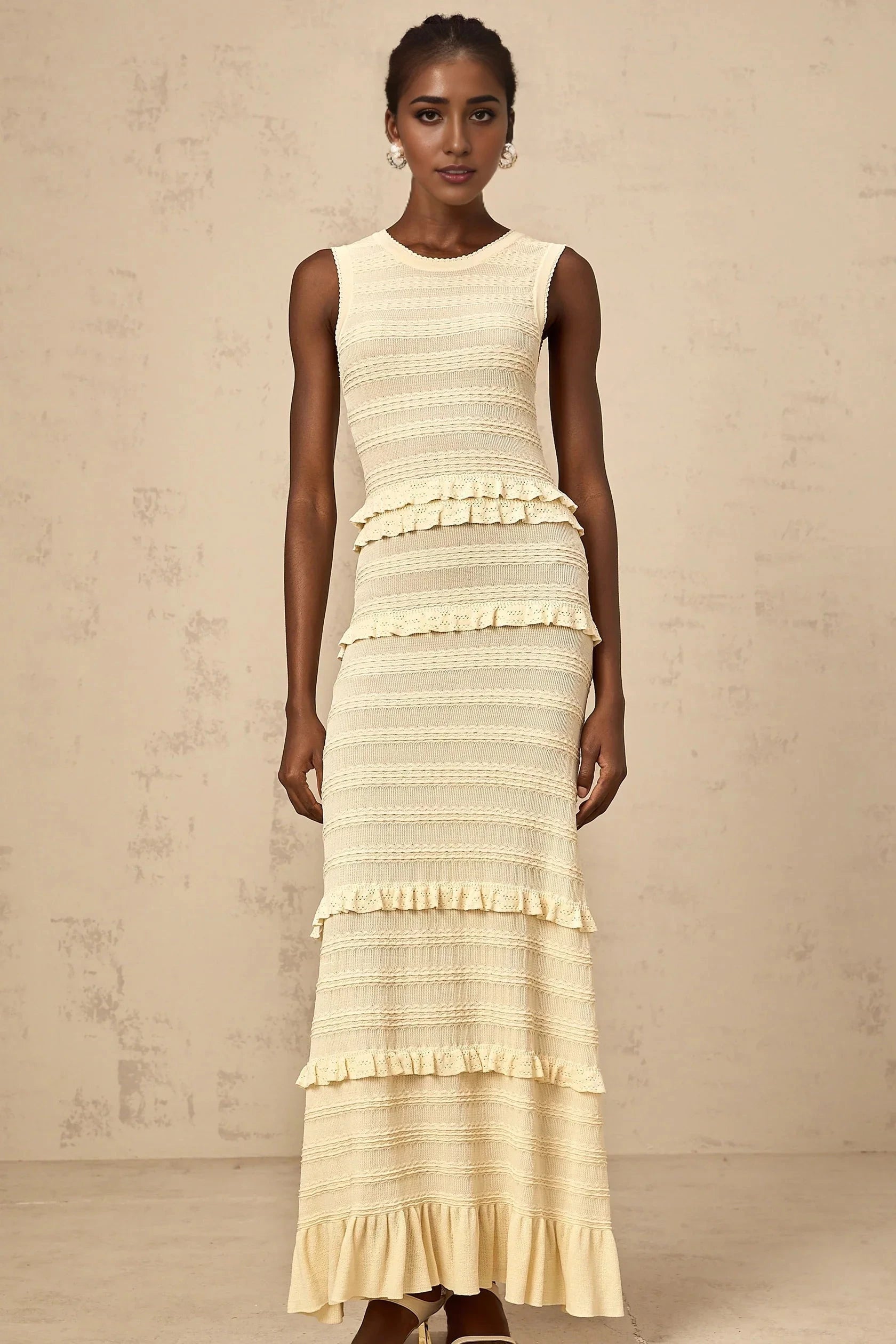 Cream Sleeveless Ruffled Tiered Maxi Dress beige ruffled sleeveless knit maxi dress Evening Dress by YiHuiw